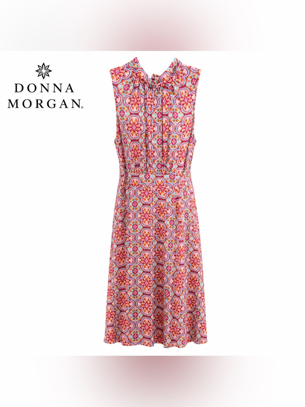 Donna Morgan Sleeveless Tie Neck Pink and Aqua Pattern Midi Dress